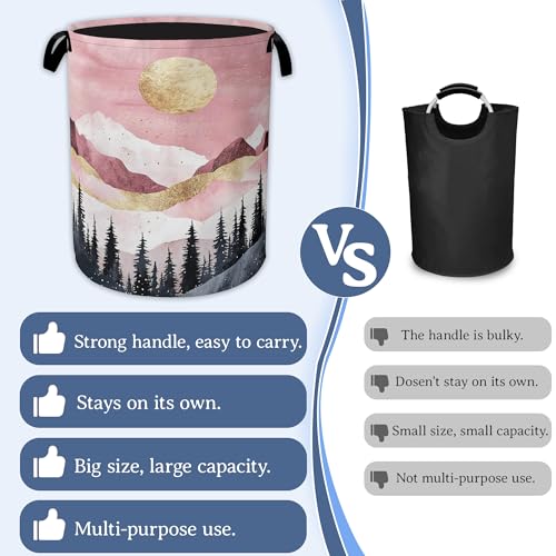 Image of Mountains Laundry Basket,Foldable Oxford Cloth Sun Forest Golden Pink Laundry Hamper with Handles, 20.8 inchx16 inch Tote Bag Clothes Storage Bucket for Laundry Room /Bathroom /Bedroom /Dormitories