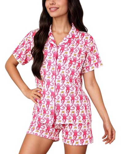 Womens 2 Piece Pajamas Set, Monkey Print Soft Button Down Vacation Beach Shorts Set Y2k Preppy Loungewear Pjs