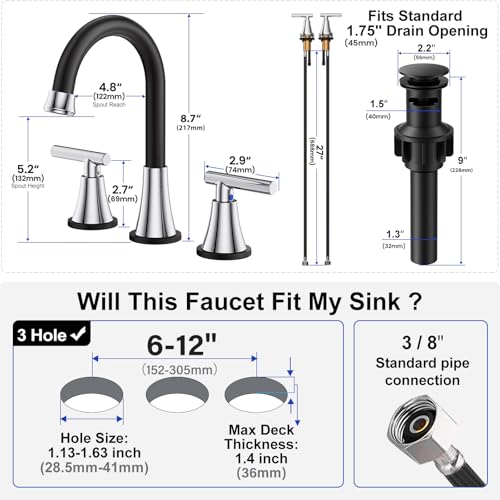 Image of Bathroom Faucet 3 Hole, Black& Chrome Faucets with Drain and Supply Lines | Hurran Stainless Steel Lead-Free Widespread Bathroom Sink Faucet for Vanity RV Restroom Laundry Outdoor Utility Sink