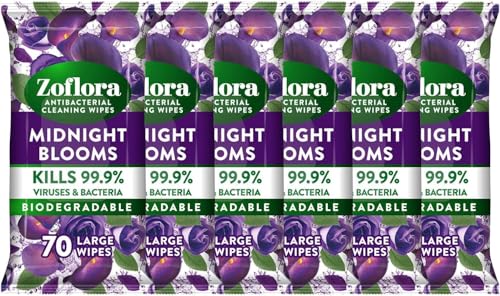 Zoflora Midnight Blooms Large Biodegradeable Wipes Antibacterial Cleaning 6 x 70 Wipes Pack Multi-Surface Disinfectant Removes Odours & Kills 99.9% of Bacteria & Viruses