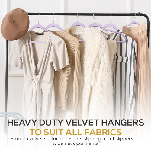Image of Techzoo Premium Velvet Hangers 50 Pack Ultra Thin Non Slip Adult Felt Space Saving Suit Hanger for Closet Heavy Duty Coat Pants Jackets Dress Hangers 360 Swivel Hook Hold Upto 10 lbs Purple Hangers