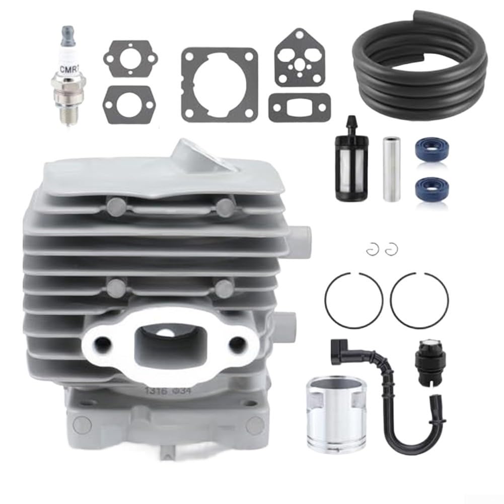 Kit cilindro compatibile con BG86 BG86C BR200 SR200 Cilindro da 34 mm con set di guarnizioni Filtro carburante Tubo carburante Scintilla Serbatoio Carburante Sfiato Metallo Argento Ricambio per la