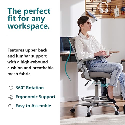 Image of DUMOS Drafting Chair for Standing Desk, Flip-up Arms, Counter Height Adjustable, Ergonomic Mid Back Mesh Rolling Work 360Swivel Home Office Computer Chairs with Wheels, Grey