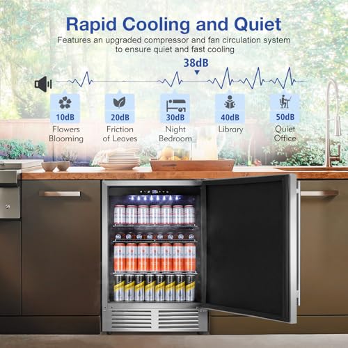 Image of Tylza Outdoor Refrigerator 24 Inch Wide, Stainless Steel Beverage Refrigerator 176 Can for Undercounter Built-in or Freestanding, for Home and Patio, Water Proof, Fast Cooling, Low Noise, 37-65 F