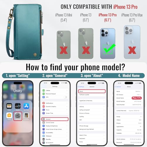 Defencase Compatible with iPhone 13 Pro Case Wallet with RFID Blocking Card Holder for Women Men, PU Leather Magnetic Snap Flip Zipper Strap Wallet Phone Case Fit for iPhone 13 Pro 6.1", Blue Green by Defencase - Image 2
