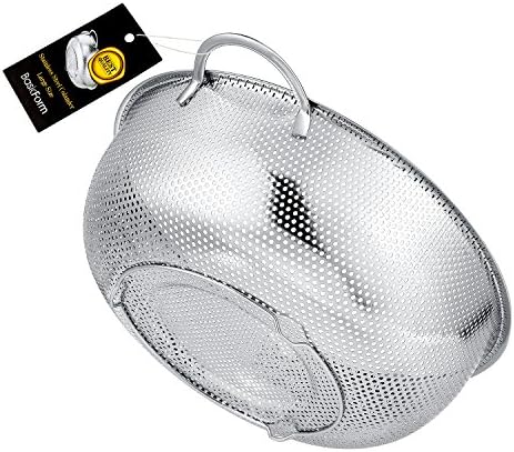 BasicForm Large Size Stainless Steel Mesh Micro-Perforated Colander, Strainer with Heat Resistant Easy Grip Handle & Sturdy Base