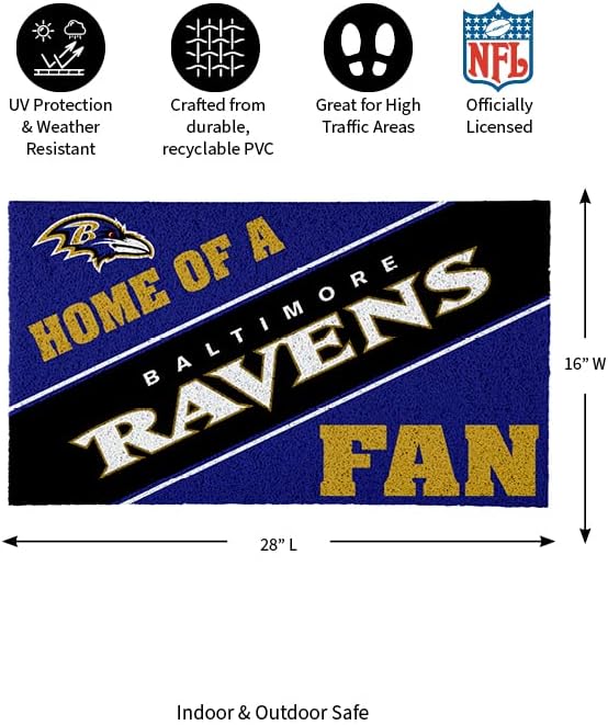 Team Sports America Baltimore Ravens, Officially Licensed Door Mat 28 x 16 Inches Indoor Outdoor Sports Fan Rug