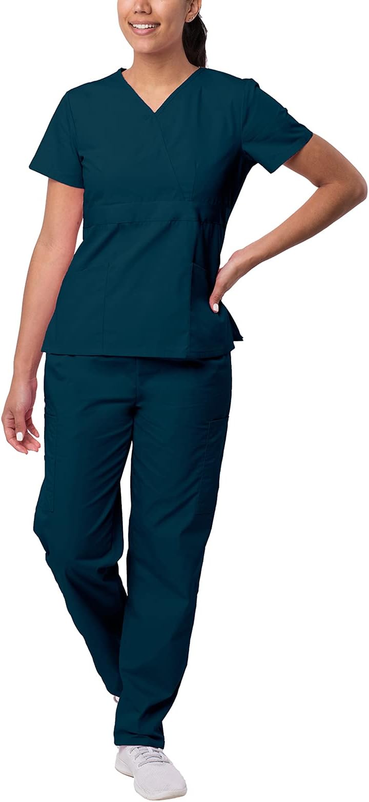 Sivvan Durable Scrubs Set for Women - Mock Wrap Scrub Top & Cargo Drawstring Scrub Pants, 6 Pockets
