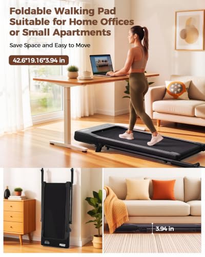 Image of Superun 3 in 1 Under Desk Treadmill with Handrails and Incline, Portable Folding Walking Pad for Home Office, 2.5 HP Quiet Mini Treadmill with LED Display & Remote, 300 Lbs Capacity, Black