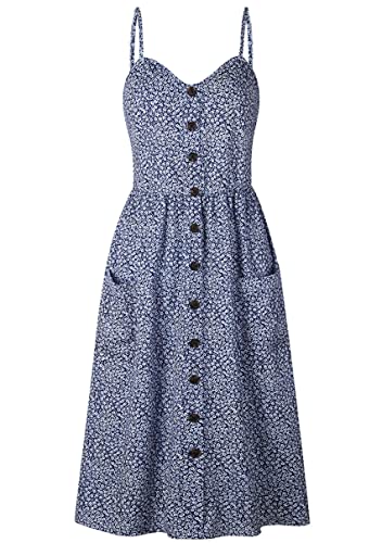 Image of YMING Womens Summer Spaghetti Strap Dresses Button Down Floral Sundress High Waist Swing Midi Dress with Pockets