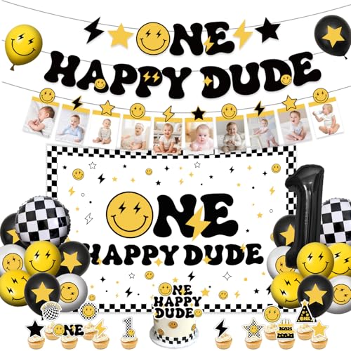 One Happy Dude Birthday Decorations Includes Banner-Cake Topper-Cupcake Toppers-Balloons-Backdrop for One Happy Dude 1st Birthday Decorations