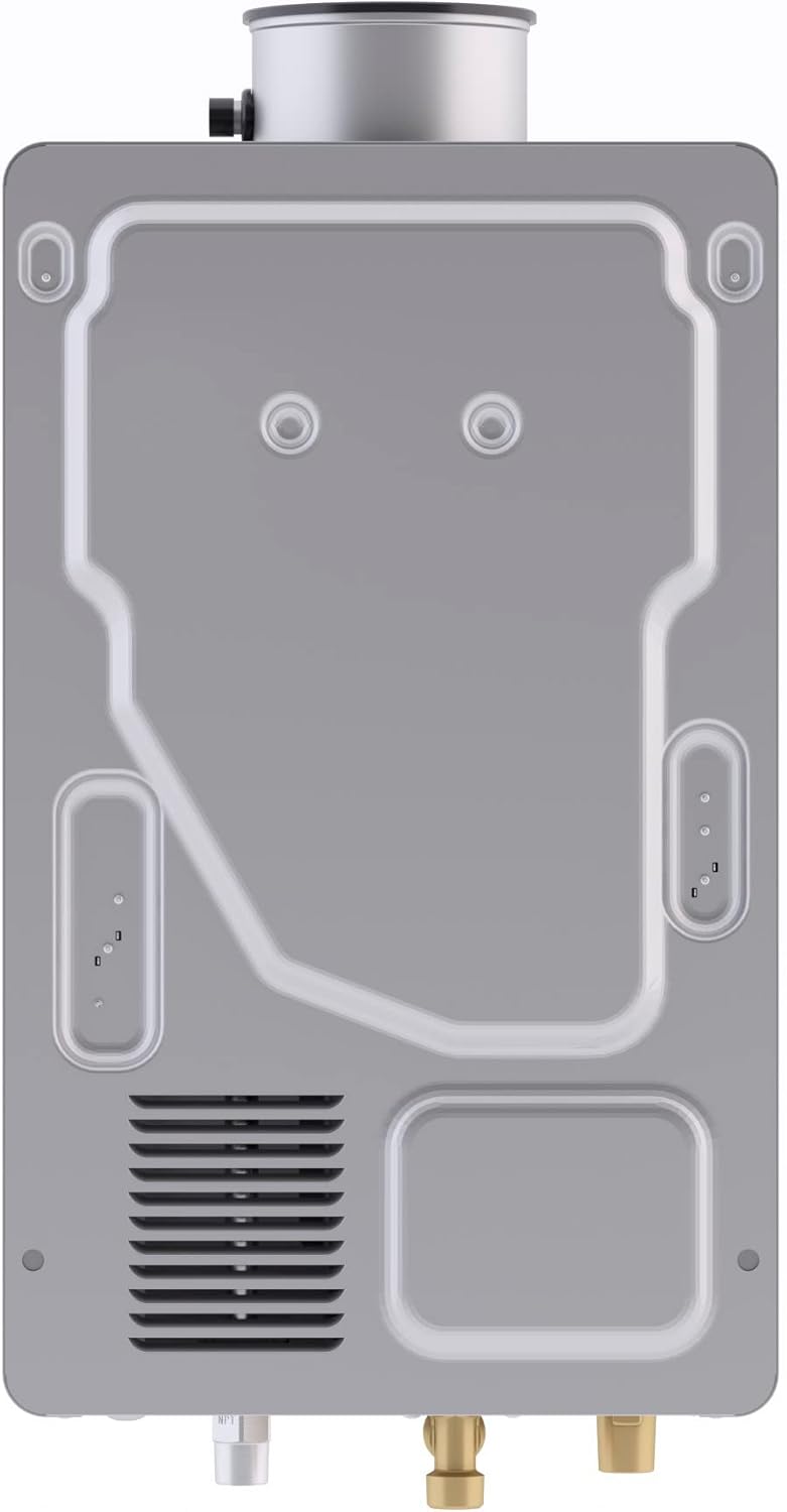 Назад view of the Rinnai tankless water heater showing mounting points and connections