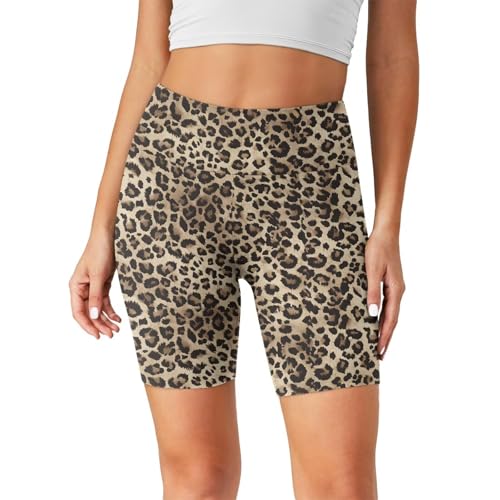 RMMRIYUE Brown Leopard Pattern Athletic Shorts for Women Comfy Tummy Control Compression Yoga Pants Stretchy High Waisted Biker Short Leggings Size M