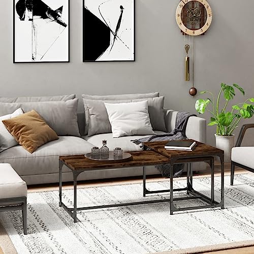 Tables Basses with Bois et Acier, Design Industriel, Fonction Gain de Place, Coffee Table, Table Salon, pour Salon, Chêne Fumé, 100 x 40 x 35 cm et 50 x 40 x 40 cm