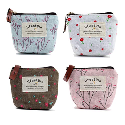 UVAN ART Mini Pochette Femme Porte-Monnaie en Lin Toile Imprimé Fleur Rétro avec Bouton Pression Fermeture Eclair 4 PCS Cover