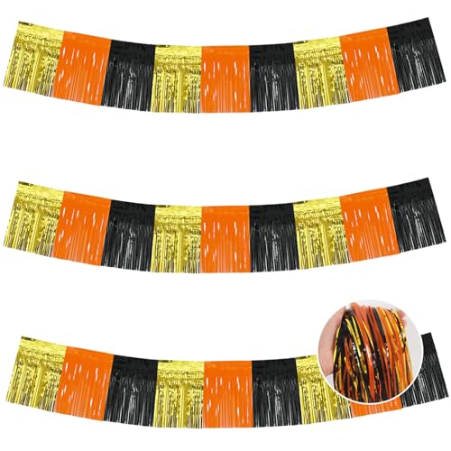 Image of BEISHIDA 3 Packs Metallic Foil Fringe Garland Gold Orange Black Wall Hanging Tinsel Fringe Banners for Car Floats Bridal Shower Wedding Birthday Graduation Holiday Party Decoration(30 Feet)