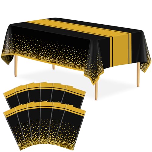 Image of 12 Pack Black and Gold Tablecloth Party Decorations Plastic Black Tablecloth Printed Gold Table Runner 54 x108 Inch Disposable Rectangle Table Cover for Birthday Wedding Graduation