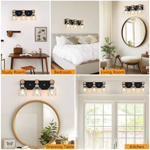 Image of FadimiKoo 3-Light Wood Bathroom Light Fixtures Over Mirror, Rustic Black Silver Famhourse Sconces Wall Decor with Elegant Metal Lampshade for Living Room, Bedroom, Porch