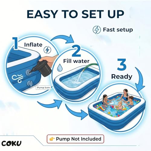 Image of Coku 8.5 Feet Rectangular Inflatable Swimming Pool for Kids & Adults | 3-Ring Extra Large Family Pool, Thick PVC Foldable Bathtub for Backyard, Garden, Indoor Outdoor Summer Use