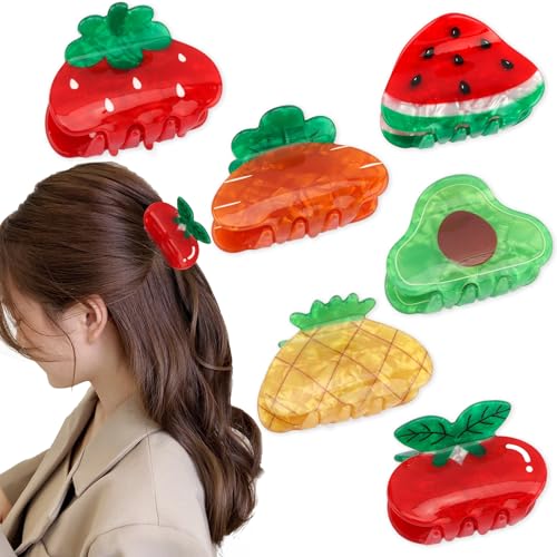 Hapdoo 6pcs Fruit Hair Clips Set - Mini Cute Strawberry Cherry Watermelon Pineapple Carrot Avocado Claw Clips for Women Girls Fun Hair Accessories