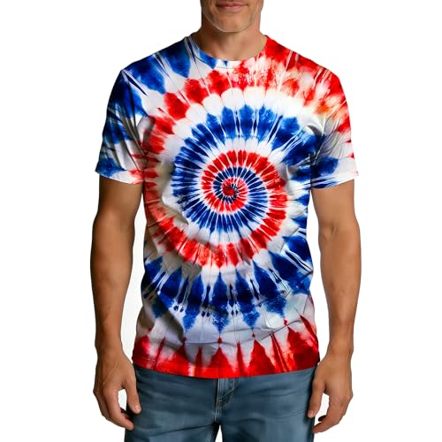 XYECBWG Unisex Adult Red Blue White Spiral Tie Dye T-Shirt for Men Women Senior Hippie Shirts Short Sleeve Tee Shirt XX-Large