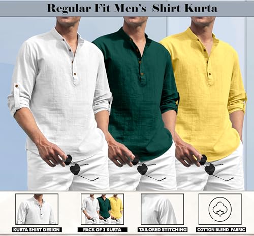 Image of Zombom Combo of Men's Solid Cotton Polyester Blend Full Sleeve Mandarin /Chinese Collor Straight Kurta Shirt (Pack of 3)