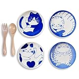 OTYFGHD Juego de 6 platos pequeños de cerámica con diseño de gato lindo – Mini plato de especias, postre de aperitivo, plato de ensalada de sushi, cuchara y tenedor gratis, juego de 6