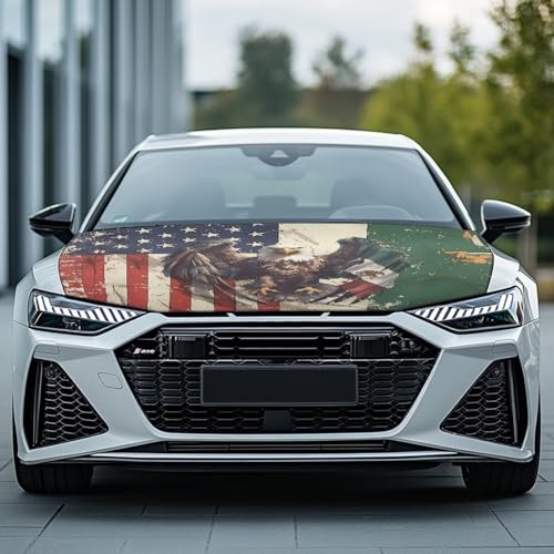 Image of Eagle American and Mexican Flag for Car Hood Cover All Weather Automotive Exterior Accessories Universal Fit Hood Covers for Cars, Trucks, SUV, or Van Full Coverage