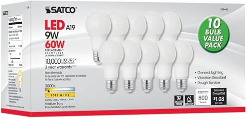Satco S11400 9W A19 LED 3000K base media extensión de haz de 360 grados paquete de 10