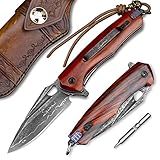 Spirit Deed Damascus Steel Multi-Functional EDC Folding Knife with Self-Assembling Pocket Clip, Rosewood and Titanium Alloy Handle, Liner Lock, Leather Sheath, Outdoor Emergency Hammer, Camping