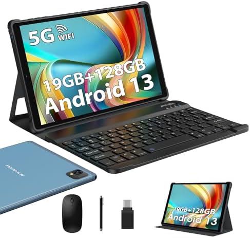 POWMUS Tablet Android 13 Tablets, 19(8+11) GB RAM+128GB ROM (TF 1TB), 10.1″ Incell FHD Screen, 2.0GHz Quad Core, 8000mAh, 8+13MP 5GWiFi BT5.0 GPS Tablette PC w Keyboard and Mouse – Blue