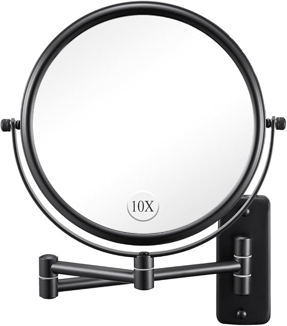 Wall Mounted Makeup Mirror - 1X/10X Magnifying Mirror for Wall, 8 Inch Double Sided 360° Swivel Extendable Bathroom Mirror for Shaving, Black DECLUTTR