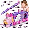 VATOS Transport Truck Car Toys for Girls Ages 3 4 5 6 7 8, Foldable Race Track with Light & Music, Portable Princess Toy Car with 6 Race Cars, Carrier Truck Toy Gift for Kids Girls Toddlers