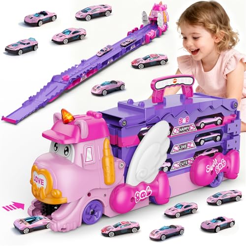 VATOS Transport Truck Spielzeug Autos für Mädchen 3 4 5 6 Jahren, Faltbare Rennbahn mit Licht & Musik, tragbare Prinzessin Rennstrecke Spielzeug mit 6 Rennwagen, Träger LKW Fahrzeuge für Kinder