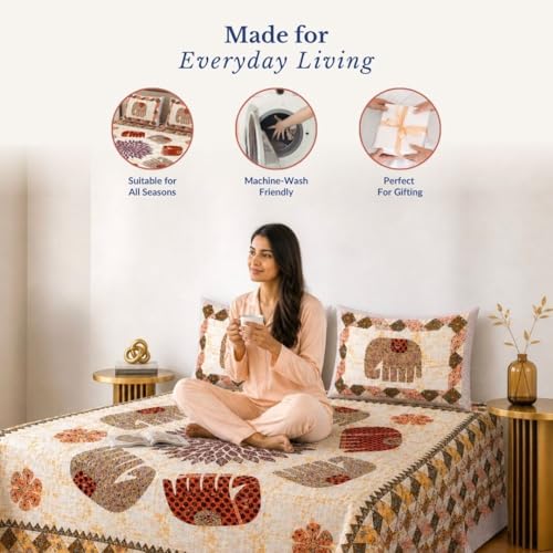 Image of Jaipur Weaves Jaipuri Double Bed Cotton Bedsheet Queen Size 90x100, 144 TC 100% Pure Cotton Bed Sheet with 2 Pillow Covers, Royal Elephants Traditional Print (Royal Elephants Orange)
