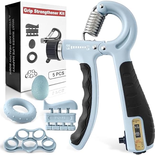 FLYFE Grip Strength Trainer Kit (5 Pack), Forearm Strengthener, Hand Squeezer Adjustable Resistance, Finger Stretcher, Grip Ring, Relief Ball and Finger Exerciser for Men and Women, Injury Recovery