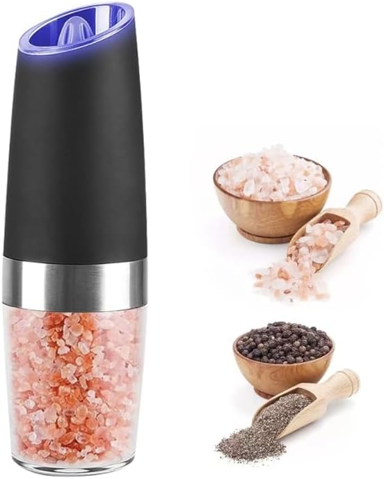 SimpleKitchen - Juego de molinillo eléctrico de pimienta y sal, grosor ajustable, funciona con pilas con luz LED, operación automática con una mano,