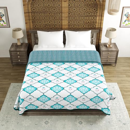 Image of BLOCKS OF INDIA 100% Cotton Dohar King Size Reversible Hand Block Printed Malmal Summer Dohar /Blanket (MUGHAL Turquoise)