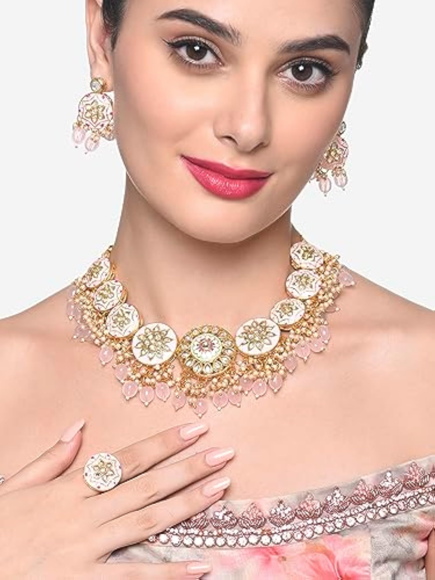 Green Meenakari Kundan Beads Necklace Earring & Ring Set