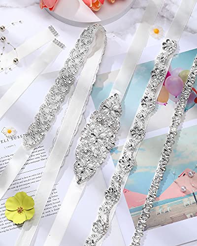 Satinior 4 Pieces Bridal Belt Rhinestone Wedding Belt Handmade Crystal Bridesmaid Sash Dress Accessories For Women Girls (White,Organza) #TOP6