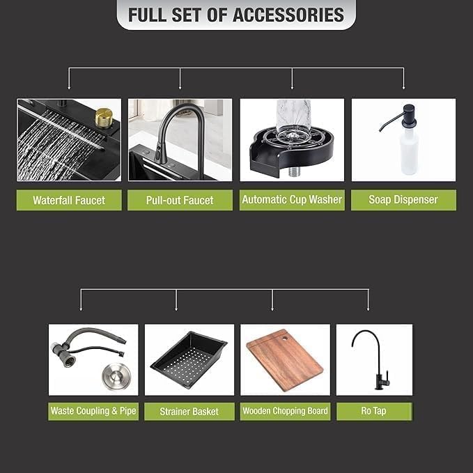 Image of BASINQU Kitchen Sink 30 inchx18 inchx9 inchInch Waterfall Sink for Kitchen Basin 304 Stainless Steel With Honeycomb Black Finish Design Fully Equipped Waterfall Integrated Pull Down Faucet Kitchen Sinks