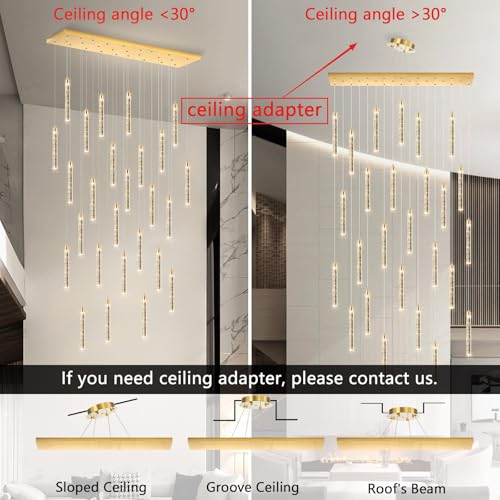 Image of Rectangular Chandeliers 26-Lights Long Light for Entryway LED Dimmable Chandeliers Lighting Fixture Flat Sloped High Ceiling Pendant Lights Crystal for Living Room Foyer Hallway Staircase Gold