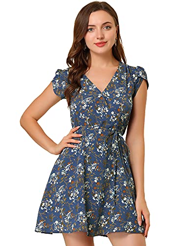 Robe florale col V et manches pétales Allegra K avec ceinture amovible