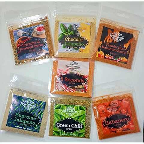 Spice Exchange 7 Spicy Dip Mix Variety Pack - Supreme Jalapeno Dip – Flamin' Hot Habanero-Bacon Dip - Sriracha & Roasted Garlic Dip - Green Chili Dip - Habanero Dip - Cheddar Jalapeno Dip - 8 Seconds Cover