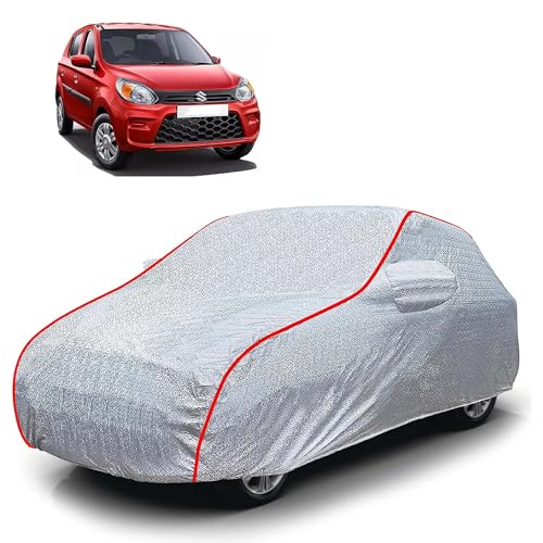 Image of Sulfar 100% Waterproof Car Body Cover Compatible with Mirror for Maruti Suzuki Alto 800 (Triple Stitched, Full Bottom Elastic, Magic Silver with Red Piping)