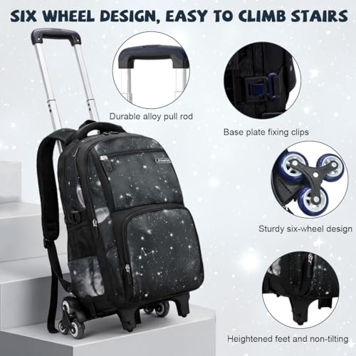 Image of PALAY Trolley School Bag Black Starry Sky 6-Wheel Backpack with Detachable Trolley Outdoor Large Capacity Nylon Trolly Backpack Multi-Compartments Waterproof School Bag with Wheels