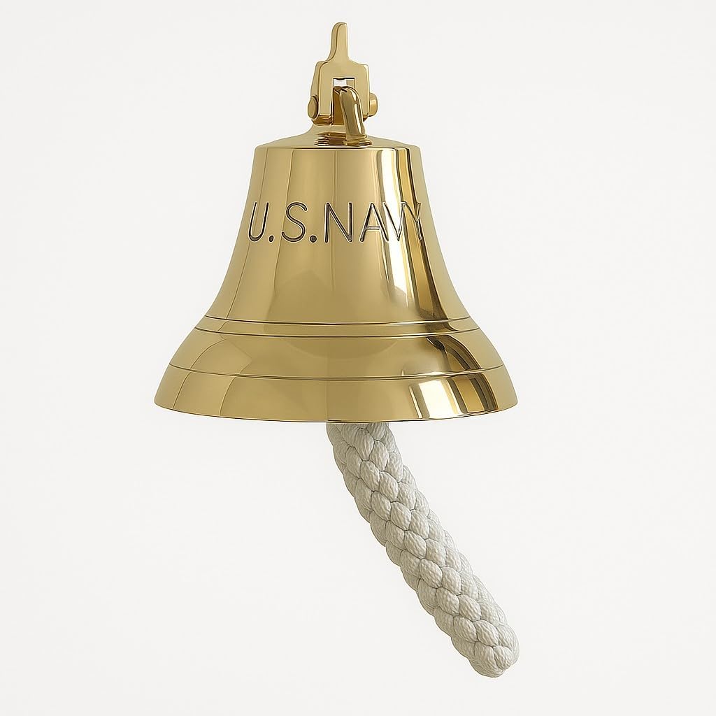 Gold Brass U.S. Navy Engraving 8-Inch Nautical Wall Mounted Bell with Knotted Lanyard – Solid Brass Ship Bell with Mounting Hardware – Maritime Decor for Home, Office, or Outdoor Use