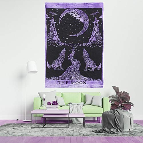 AVA Collections Tapestry Multicoloured Wall Hanging Psychedelic Tapestries Indian Cotton Poster Picnic Sheet Wall Decor Blanket Wall Art Hippie Bedroom Dcor (Black and White, Crying Wolf and Moon) - Image 3