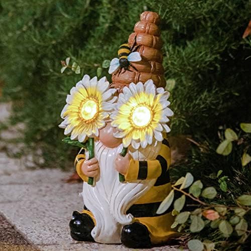 LA JOLIE MUSE Garden Gnome Statue - 11.7'' Resin Bee Gnome Figurine Holding Sun Flowers with Solar LED Lights for Outdoor Indoor Decoration for Patio Yard Lawn Porch, Ornament