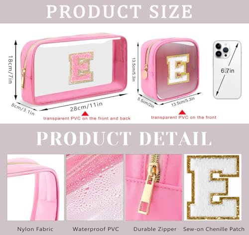 2pcs Personalized Initial Letter Clear Makeup Bag | Waterproof Nylon Preppy Cosmetic Bag | Travel Toiletry Bag | Monogrammed Gifts for Women Girl | Wedding Bridal Shower Gifts for Bridesmaids(Pink A)